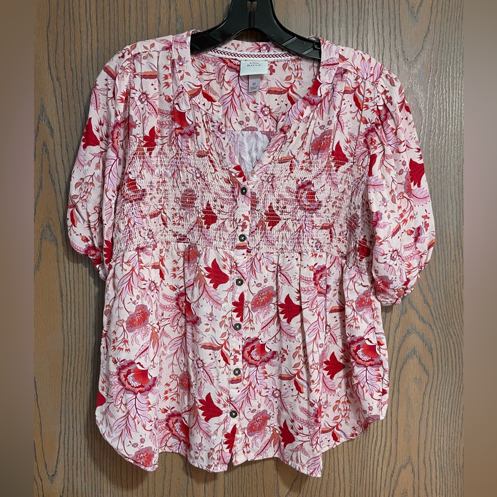 Knox Rose Blouse with Red and Pink Floral Print and Smocked Bodice